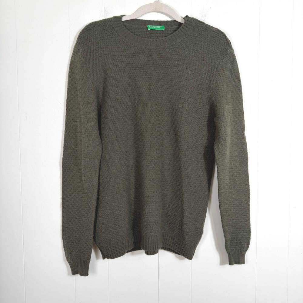United Colors of Benetton Wool Blend Sweater Olive Green Mens Medium Preppy